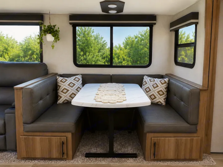 An inviting RV rental dinette area with plush seating, a sleek table, and large windows revealing lush trees and a hanging plant.. Grand Design Imagine 2025