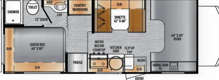 RV rental floor plan: This camper layout features a queen bed, 60"x80" bunk, dinette, kitchen, and bathroom with shower/toilet.. East to West Entrada 2026