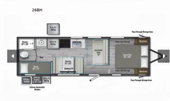This 26BH RV rental floor plan shows a queen bed, bunks, dinette, jack knife sofa, full kitchen, and exterior accessible kitchen.. Winnebago Access 2025