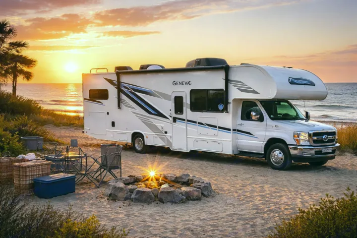 Gorgeous sunset over an RV rental parked on a sandy beach with a warm campfire, chairs, and ocean views. Ideal for travel.. Thor Geneva 2025