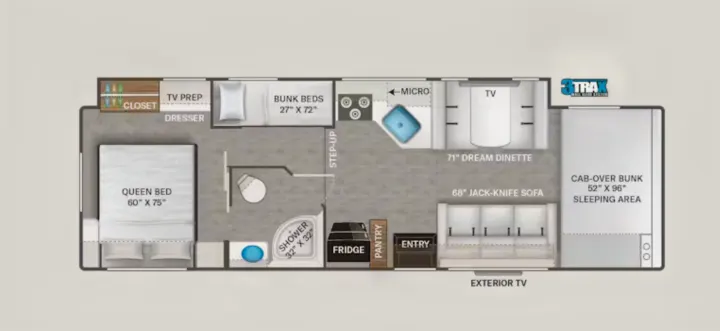 Explore this spacious RV rental floor plan featuring a queen bed, bunk beds, full bath, kitchen, dinette, and large cab-over bunk.. Thor Geneva 2025