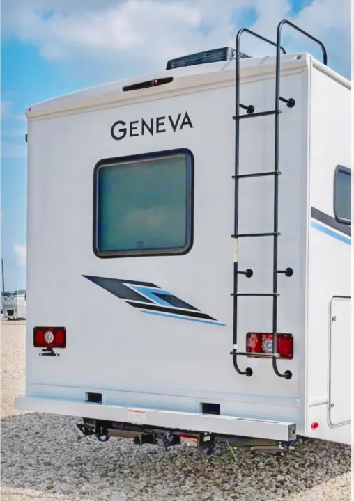Rear view of a white Geneva RV rental, featuring a black ladder, window, and taillights, ready for outdoor adventures.. Thor Geneva 2025