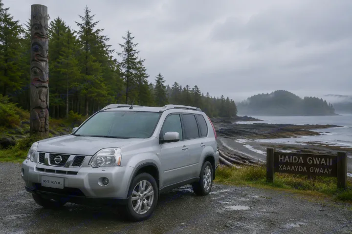 Silver Nissan X-Trail by a totem pole & Haida Gwaii sign, overlooking a misty coast. Perfect for exploring, even without an RV rental.. Nissan Xtrail 2005