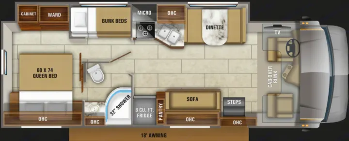 This detailed RV rental floor plan showcases a queen bed, bunk beds, kitchen, bathroom, dinette, sofa, and cab-over bunk.. Jayco Redhawk 2020