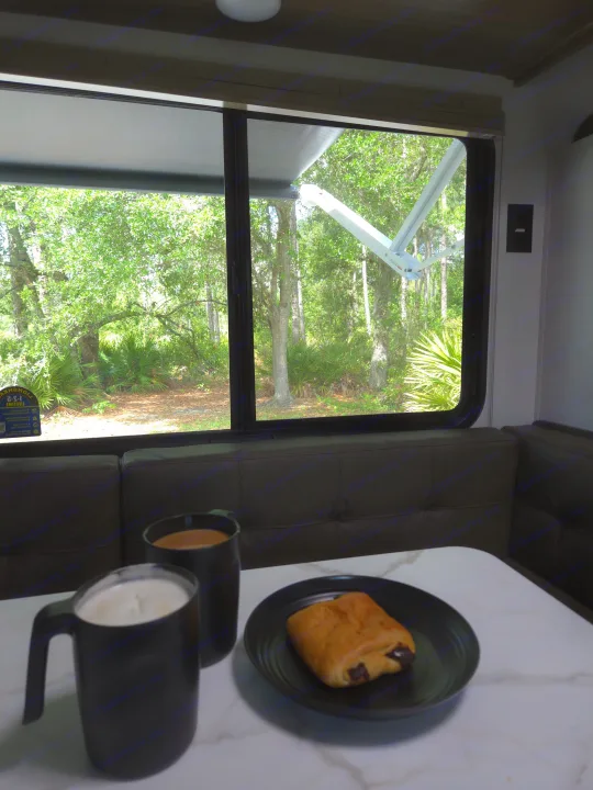 Cozy rv rental breakfast with coffee, pain au chocolat, and a beautiful forest view.. Forest River Salem 2026