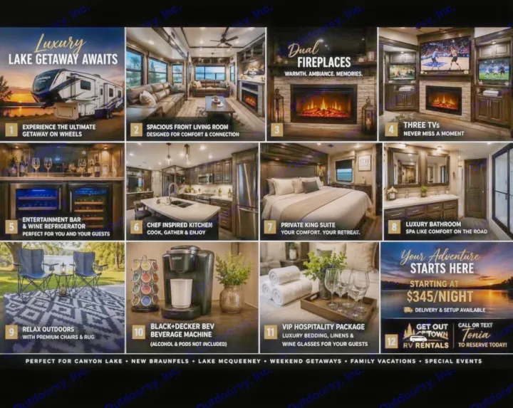 This luxury RV rental showcases spacious living, kitchen, king suite, and entertainment features. Perfect for getaways, starting $345/night.. Crossroads RV Cameo 2022