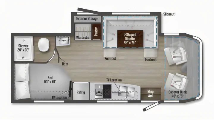 RV rental floor plan: bed, shower, kitchen, U-dinette, and cabover bunk layout for comfortable travel.. Coachmen RV Prism Select 24CB 2021