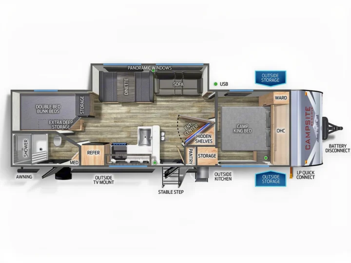 **RV rental** floor plan: Explore the spacious layout with a king bed, bunk beds, kitchen, dinette, and outdoor features for your trip.. Forest River Campsite Reserve 2026