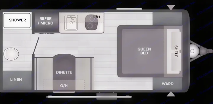 This RV rental floor plan features a queen bed, dinette, kitchen (sink, stove, micro/refer), shower, and storage options.. Keystone RV Coleman 17R 2026