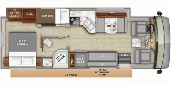 RV rental floor plan: This detailed layout shows a queen bed, bunk beds, kitchen, dinette, sofa, and bathroom.. Entegra Coach Vision 2019