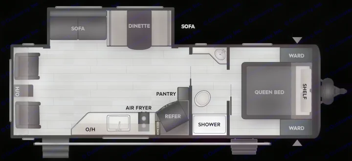 Explore this RV rental's detailed floor plan: queen bed, kitchen, bath, dinette, and sofas for your travel adventure.. Keystone RV Other 2026