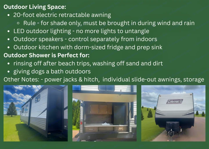 Discover this RV rental: outdoor kitchen with fridge/sink, 20ft awning, speakers, and shower for outdoor living!. Dutchmen Coleman Lantern 2020