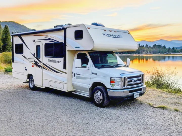 Experience stunning sunsets on your next adventure! This Winnebago Minnie Winnie Class C RV rental is parked by a scenic lake at dusk.. Winnebago Minnie Winnie 2017