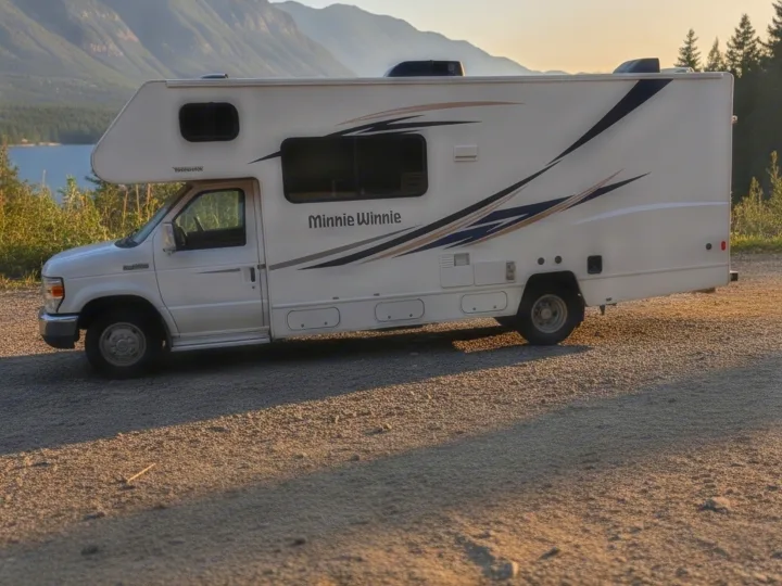 Minnie Winnie rv rental, a white RV parked on gravel with mountains, a lake, and trees in the scenic outdoor background.. Winnebago Minnie Winnie 2017