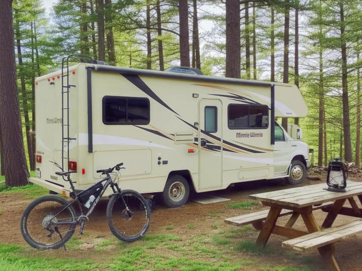 This Minnie Winnie RV rental is parked in a scenic forest campsite, with a mountain bike and picnic table under tall trees.. Winnebago Minnie Winnie 2017
