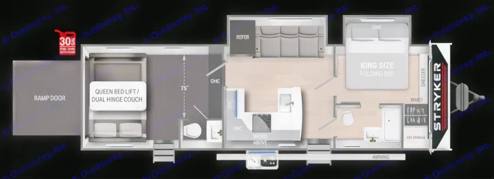 RV rental floor plan: Stryker toy hauler with king/queen beds, kitchen, bath, and rear garage with ramp and fuel tank.. Cruiser Rv Corp Stryker 2025