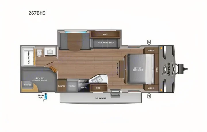 Jayco 267BHS travel trailer floor plan showing a queen bed, double bunks, kitchen, bath, dinette, and sofa. Great for rv rental.. Jayco Jay Flight 2024