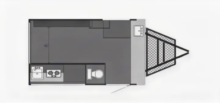 RV rental floor plan of a compact camper, showing a kitchen with sink and stove, sleeping area, bathroom, and outdoor sink.. Sunset Park RV SunRay 2022