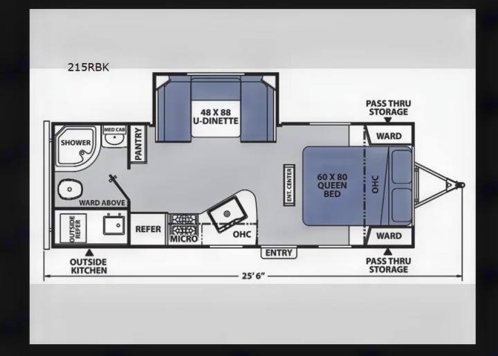 215RBK RV rental floor plan with queen bed, U-dinette, kitchen, shower, and outside kitchen. Total length 25'6".. Coachmen Apex Ultra Lite 2016