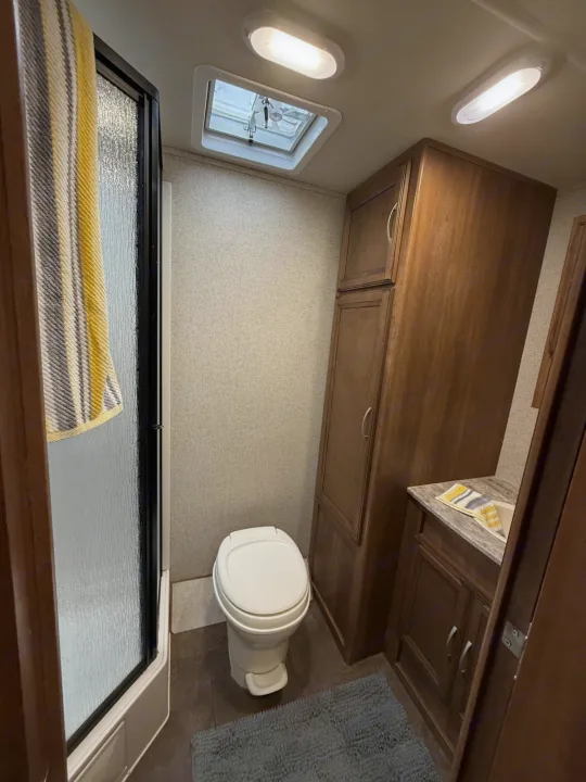 Compact RV rental bathroom with shower, toilet, vanity, wooden cabinets, ceiling lights, and a skylight.. Coachmen Apex Ultra Lite 2016