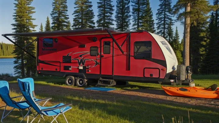 This red RV rental offers camping by a lake! Featuring an extended awning, chairs, and a kayak for your outdoor adventure.. Minnie Minnie Trailer 2019