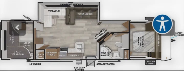 This RV rental floor plan showcases a spacious interior with a king bed, bunk beds, kitchen, and living areas for comfortable travel.. Forest River Wildwood FSX Platinum 2026