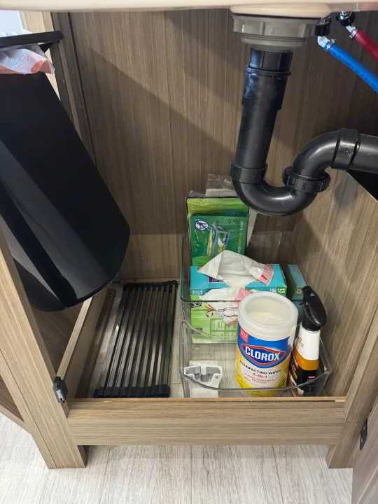 rv rental under-sink storage: Organized cleaning supplies (Clorox wipes, spray), trash bin, & plumbing visible in a tidy RV cabinet.. Forest River Wildwood FSX Platinum 2026