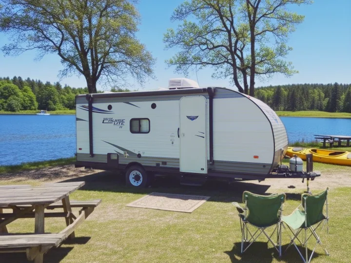 This spacious RV rental sits lakeside, offering a perfect outdoor retreat with a picnic table, chairs, and kayaks for a memorable camping experience.. Forest River Salem FSX 2017