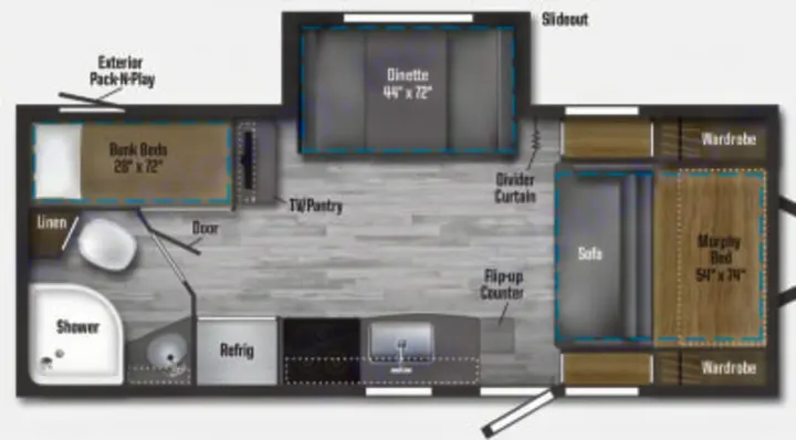 This RV rental floor plan displays the interior layout, featuring bunk beds, a dinette, Murphy bed, kitchen, and bathroom.. Minnie Micro Minnie 2021
