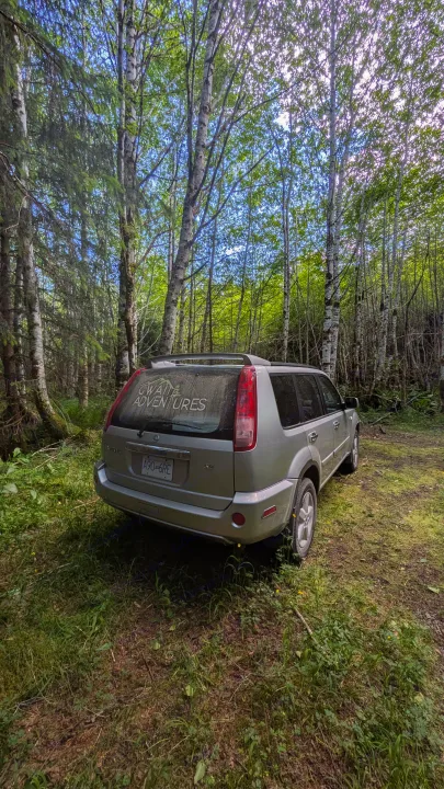 Silver SUV parked in a lush forest, ready for adventures. Plan your next outdoor trip or rv rental escape.. Nissan Xtrail 2005