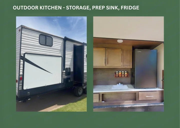 Enjoy your RV rental with this outdoor kitchen, featuring a prep sink, fridge, and storage. View shows RV exterior & kitchen.. Dutchmen Coleman Lantern 2020