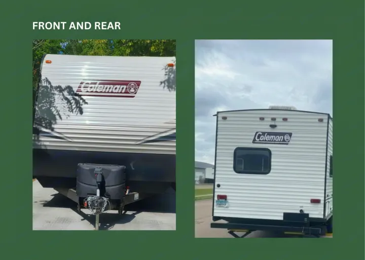 Front and rear views of this white Coleman travel trailer, available for RV rental. See hitch, propane, and rear window.. Dutchmen Coleman Lantern 2020