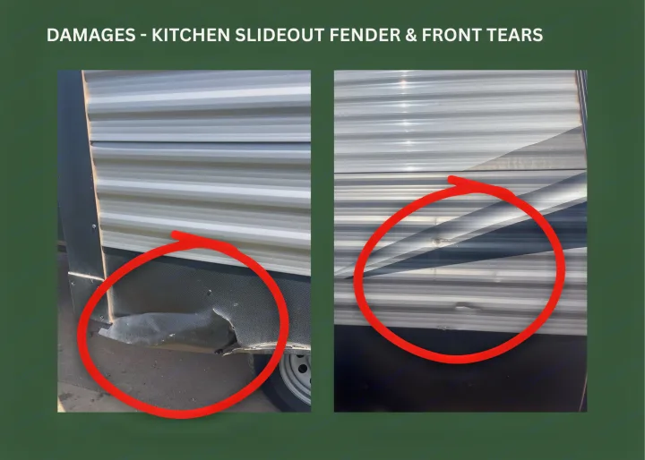 RV rental exterior damages: Kitchen slideout fender torn, front panels dented. Red circles highlight issues.. Dutchmen Coleman Lantern 2020