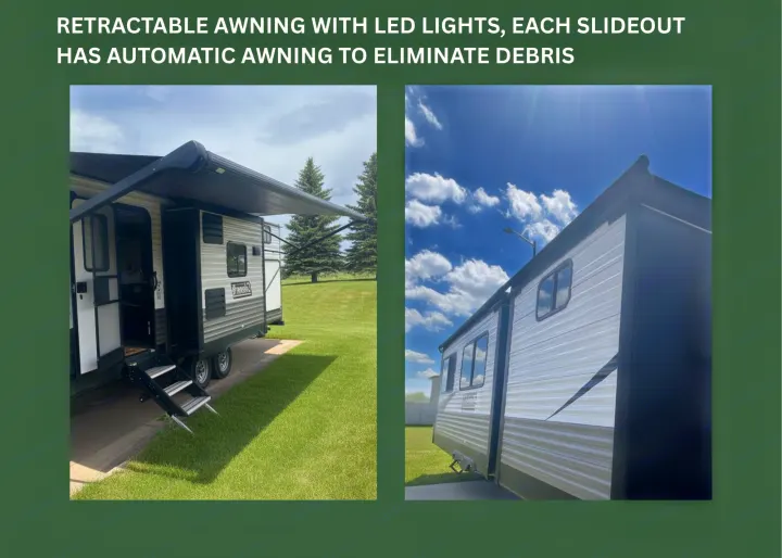 RV rental featuring retractable awning with LED lights. Automatic awnings prevent debris on main awning & slideouts.. Dutchmen Coleman Lantern 2020