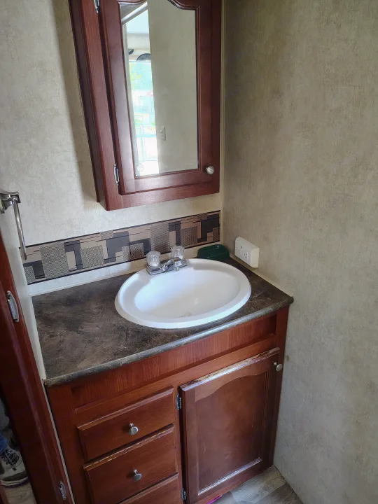 Compact RV rental bathroom with a vanity, sink, mirror, and wooden cabinet, showing a functional interior space.. Fleetwood Terry 2007