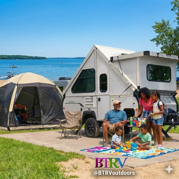 Family enjoying an RV rental by a lake, with an A-frame pop-up camper, tent, and kids playing on a mat. Great outdoor camping trip!. A-Liner Ranger 2025
