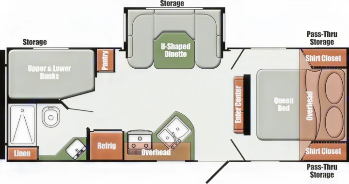 RV rental floor plan featuring a queen bed, upper/lower bunks, U-shaped dinette, kitchen, and full bathroom with storage.. Gulf Stream Envision 2025