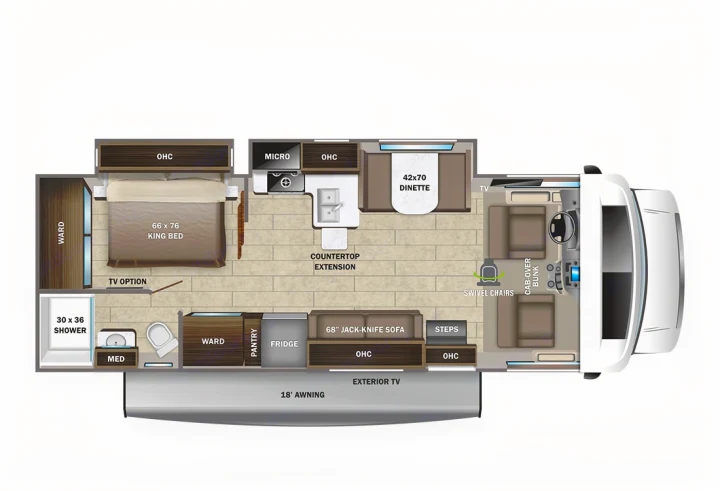 Detailed RV rental floor plan with a 66x76 king bed, dinette, jack-knife sofa, kitchen, bathroom, and cab-over bunk.. Entegra Coach Odyssey 2023