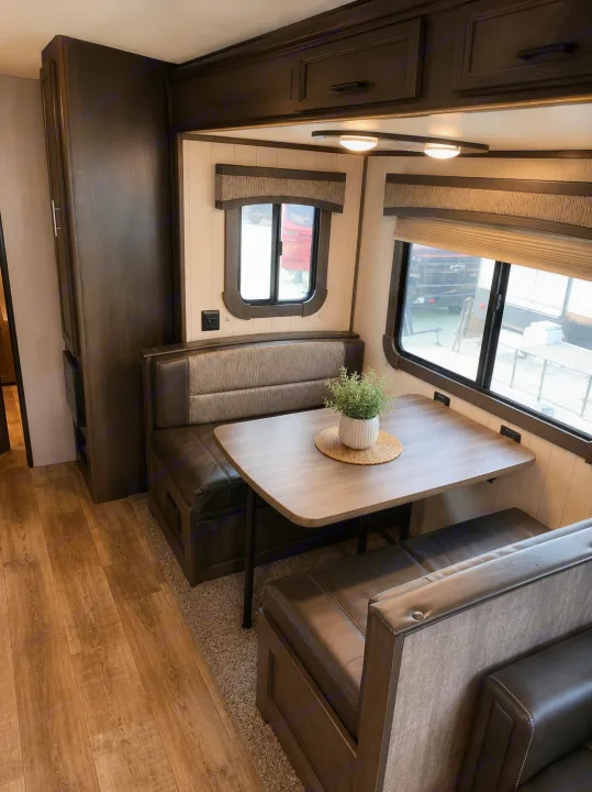 RV rental interior featuring a spacious dinette with comfortable booth seating, a light wood table, and large windows.. CrossRoads RV Sunset Trail Super Lite 2016