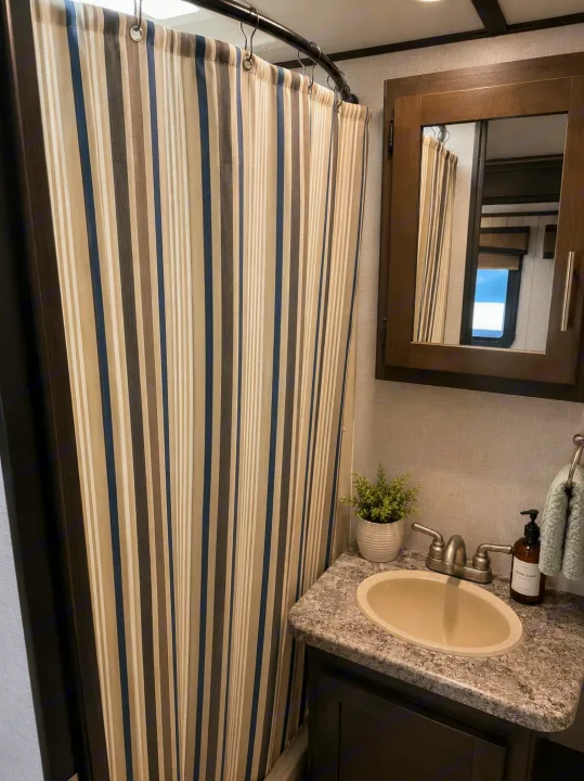 RV rental bathroom with a striped shower curtain, vanity with sink, faucet, and a medicine cabinet mirror. Compact space.. CrossRoads RV Sunset Trail Super Lite 2016