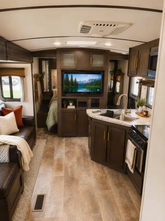 Explore a modern rustic RV rental interior with a cozy living area, full kitchen, bedroom nook, and large TV. Perfect for road trips.. CrossRoads RV Sunset Trail Super Lite 2016