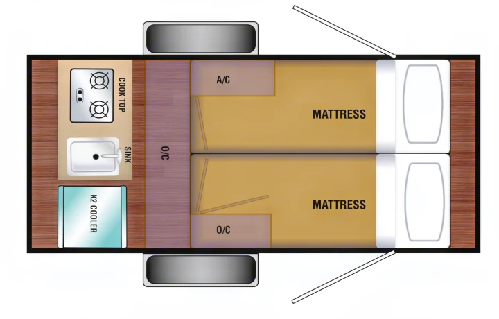 RV rental interior layout: floor plan with kitchen (cooktop, sink, cooler), A/C, and two twin beds with storage.. BUSHWACKER 10HD 2024