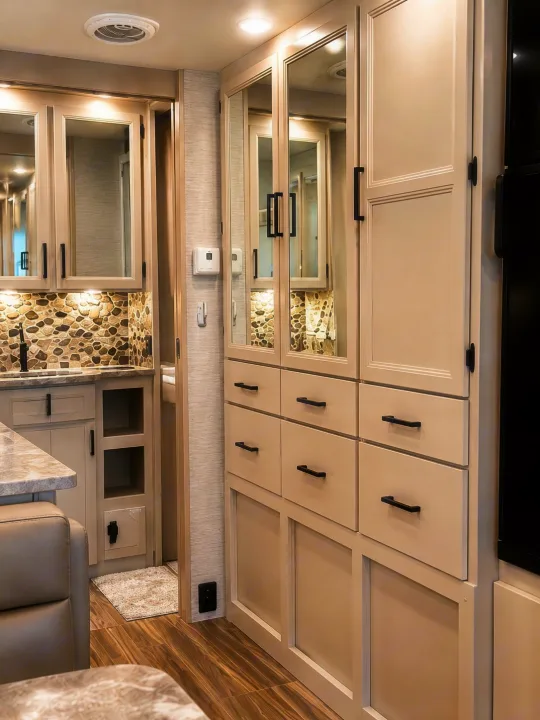 Bright, modern rv rental interior showcasing light cabinetry, kitchen with stone backsplash, mirrored storage, and wood floors.. Thor Axis 2022