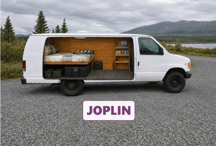 Adventure-ready white rv rental van conversion, showcasing cozy wooden interior with bed and storage, parked in scenic Alaskan wilderness.. Ford Econolline 250s 1998