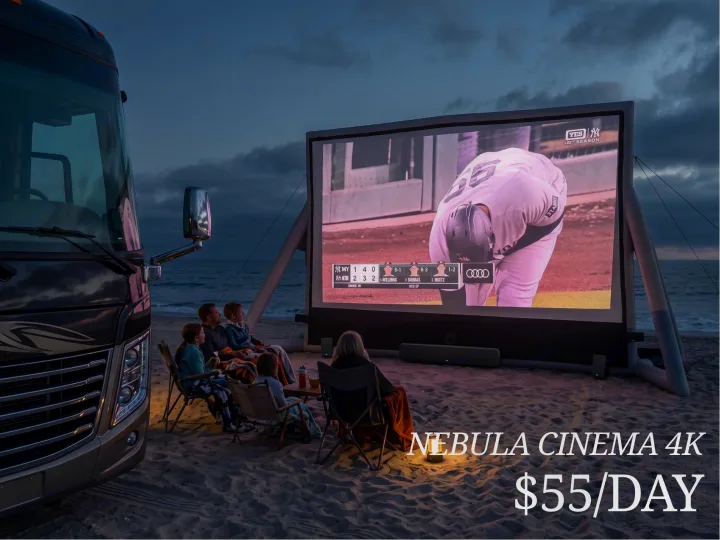An RV rental provides a family a unique beach outdoor cinema experience, watching a baseball game on a large projector screen.. Thor Tellaro 2024