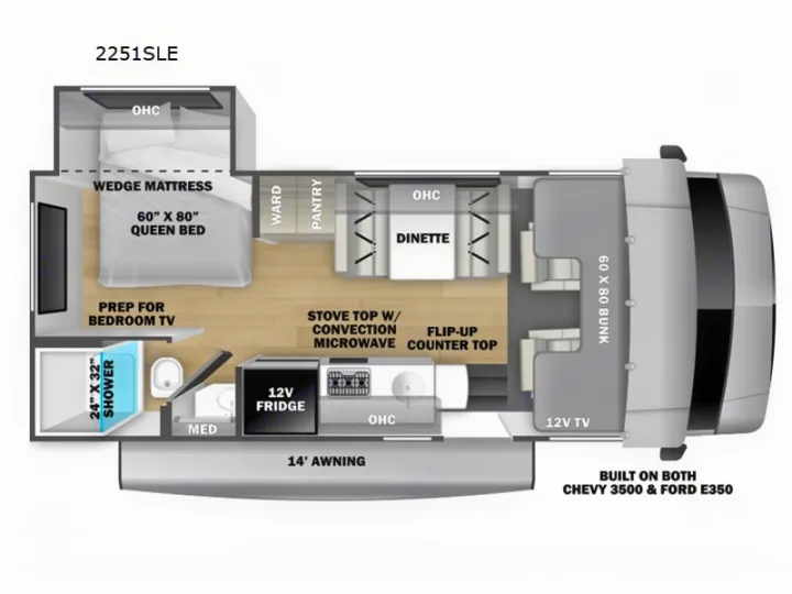 Overhead floor plan of a 2251SLE RV rental, featuring a queen bed, dinette, kitchen, shower, and cab bunk.. Forester Other 2023