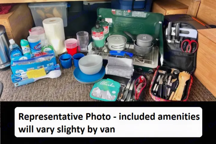 RV rental kitchen setup: camp stove, pots, dishes, cleaning supplies, & full utensil kits for your adventure.. Ford Econoline 150 1997