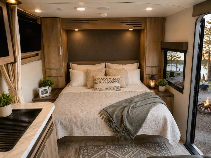 This cozy RV rental bedroom features a comfy bed, built-in storage, and a stunning lake and campfire view from the window.. Grand Design Imagine XLS 2021