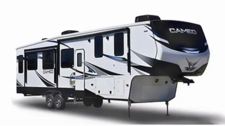 White & black Cameo fifth-wheel RV rental, a large recreational vehicle shown from the side.. Crossroads RV Cameo 2022