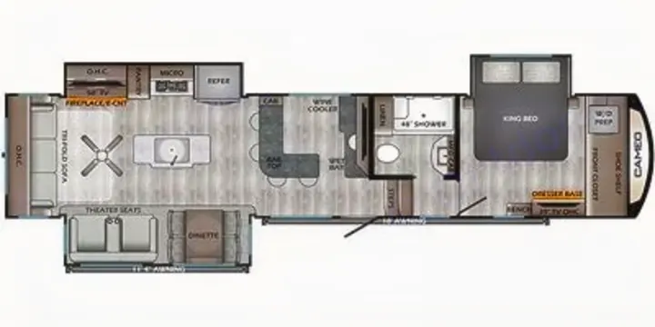 Detailed RV rental floor plan, showing a spacious layout with living area, kitchen island, bar, king bed, and full bathroom.. Crossroads RV Cameo 2022